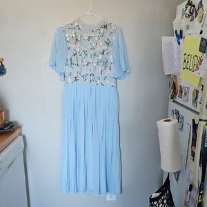 Elegant Blue Floral Embroidered Dress